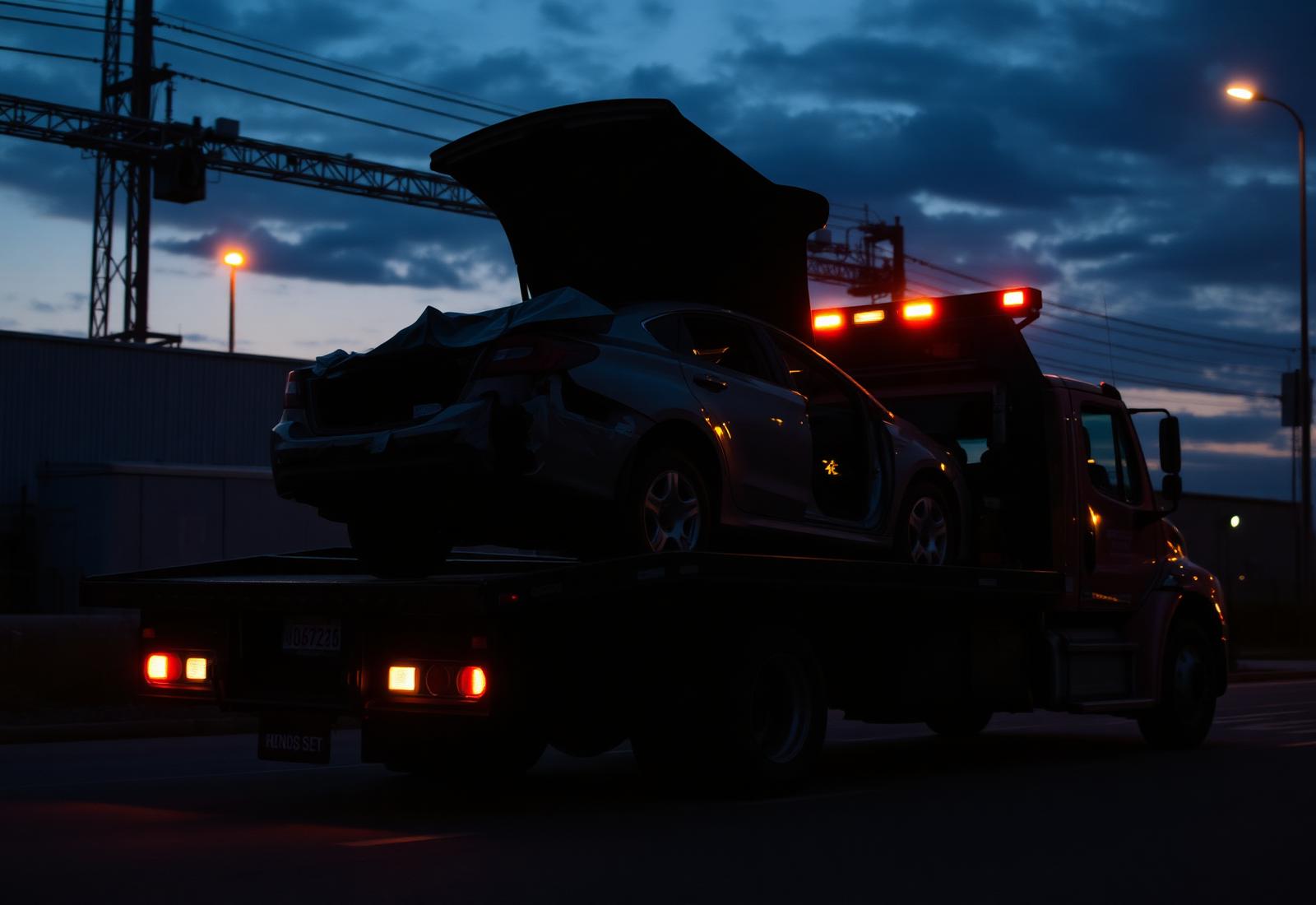 Recovery truck loading a damaged car at dusk